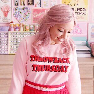 Joanie Throwback Thursday pink and red crewneck sweater size Small